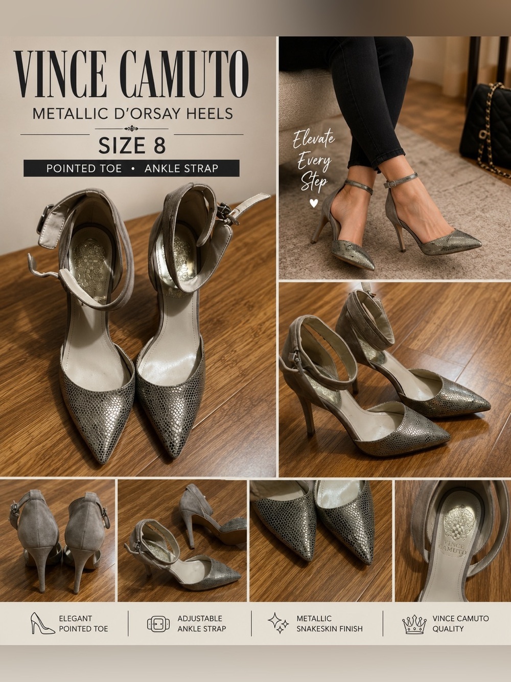 Vince Camuto Metallic Snakeskin Pointed Toe Ankle Strap Heels Size 8